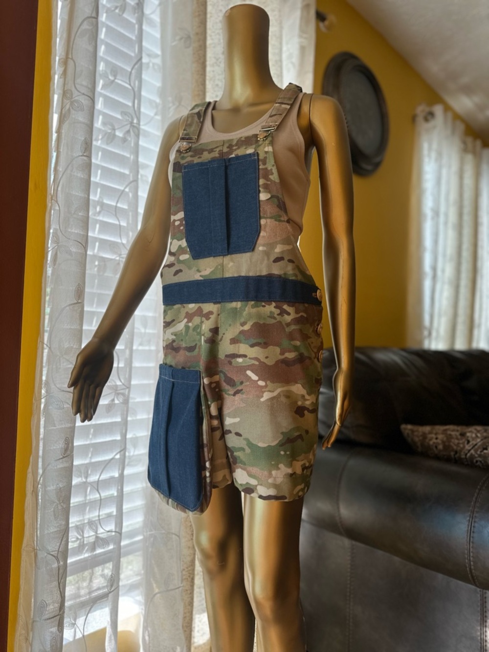 Unbranded Women's Camo Short Overalls with Navy Patch Pockets